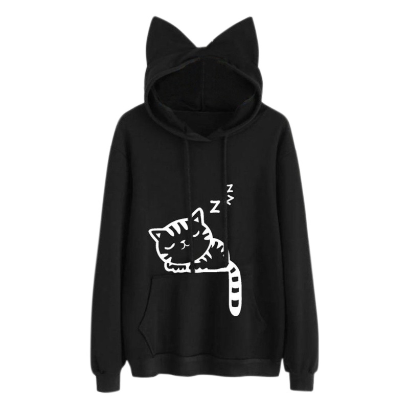 Áo Hoodie Tay Dài In Họa Tiết Tai Mèo Dễ Thương Cho Nữ