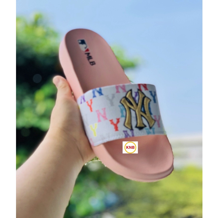 ♥️ Freeship+Ảnh Thật ♥️ Dép 𝐌𝐋𝐁 𝗡𝗬 quai ngang nam nữ, dép mlb bóng chày quai ngang thể thao thêu 𝗡𝗬 hồng quai trắng