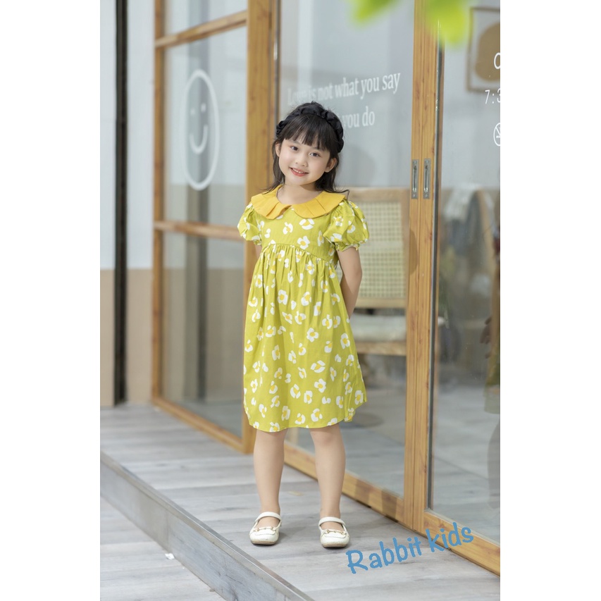 Váy Mùa Hè Bé Gái💝FREESHIP💝Rabbit Kids-Đầm Size Đại Cho Bé 8-40kg Xanh Cốm Cổ Vàng Chất Đũi Mềm Mại Thoáng Mát