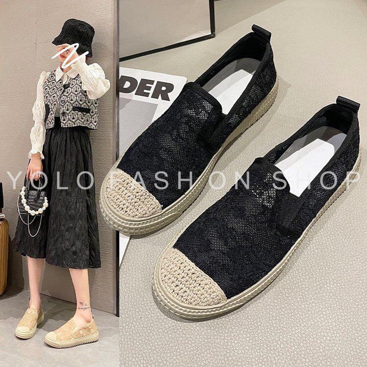 Giày lười slip on nữ dáng basic phối ren vintage siêu mềm êm chân hàng cao cấp chuẩn đẹp-GL25
