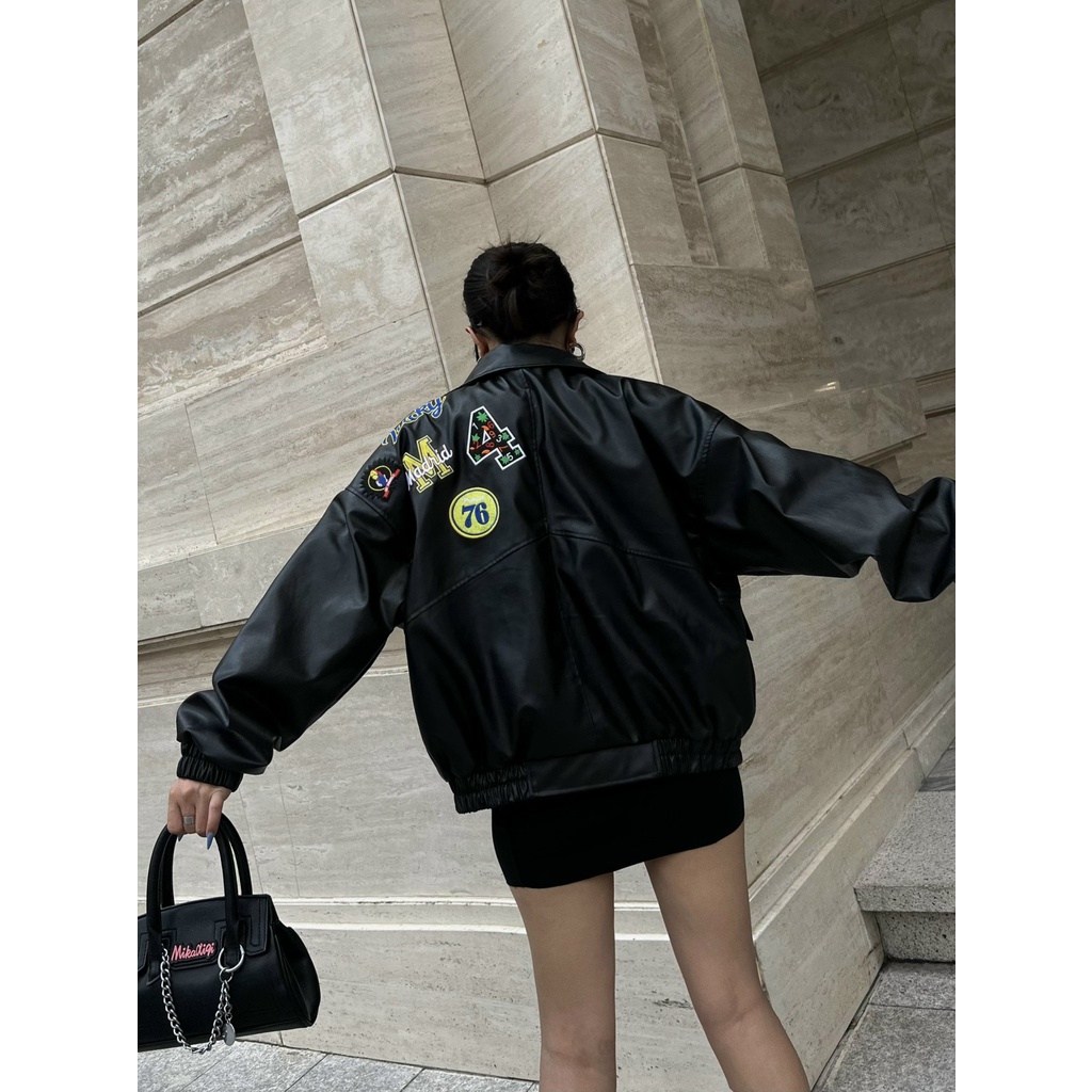Áo khoác bomber da thêu logo unisex 6104 4lucky, form rộng chất da mịn
