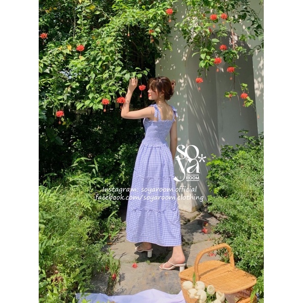 Đầm Caro hai dây nơ, xoè tầng cực tôn da không nhăn - Baby Blue Dress