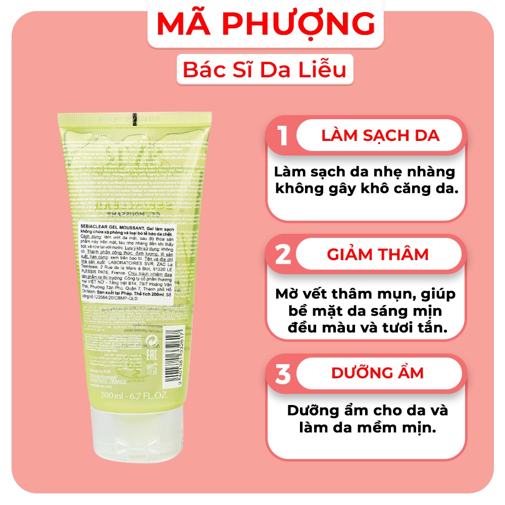 Sữa rửa mặt SVR Sebiaclear Gel Mousant, srm SVR cho da dầu mụn