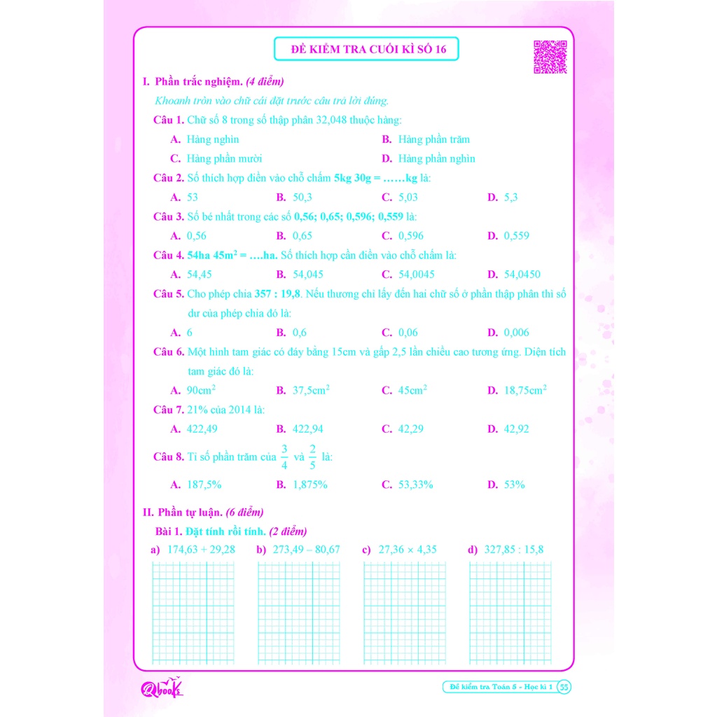 Sách Đề kiểm tra toán lớp 5 học kì 1 QBOOKS  Hải Anh Books