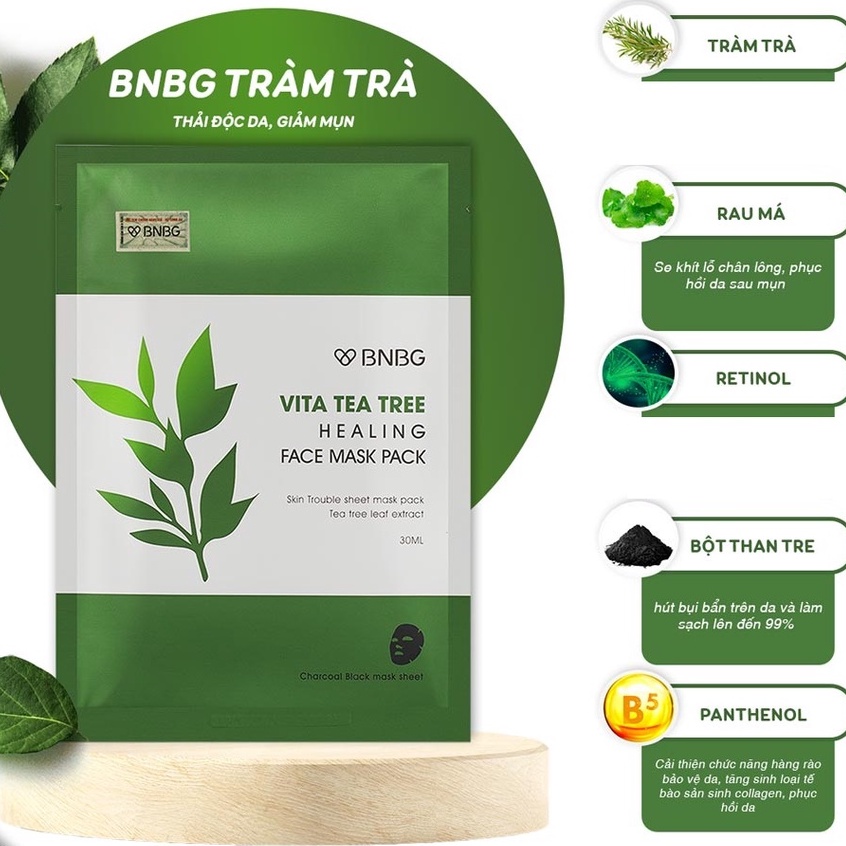 COMBO 10 Mặt Nạ TRÀM TRÀ BNBG thải đôc, giảm mụn chiết xuất Vita Tea Tree Healing Face Mask Pack 30mlx10