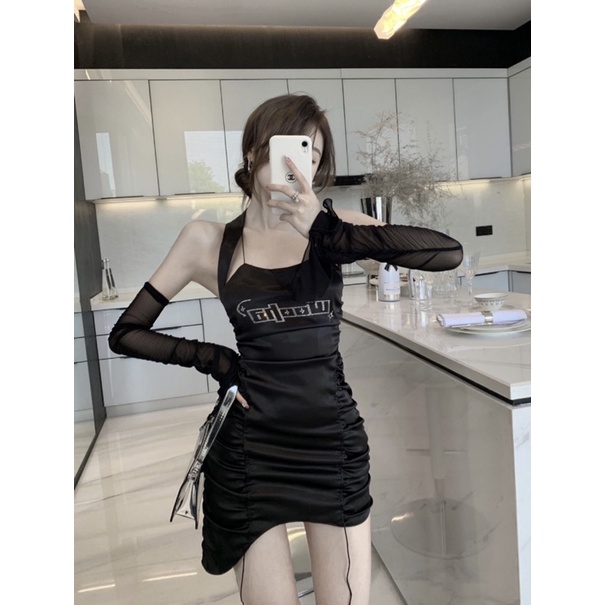 Váy body cutout đuôi tôm lệch dây nhún kèm 2 ống tay rời sexy cá tính ulzzang Hàn Quốc [Yannie]