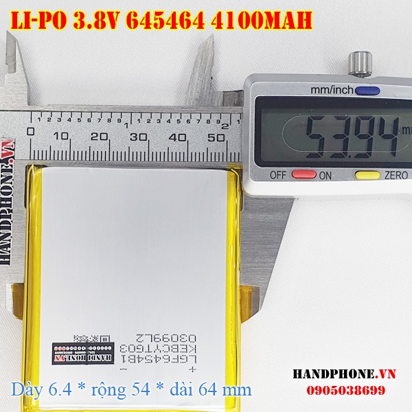 Pin Li-Po 3.8V 4100mAh 645464  cho Điện Thoại, Laptop, loa Bluetooth, định vị GPS, máy nghe nhạc