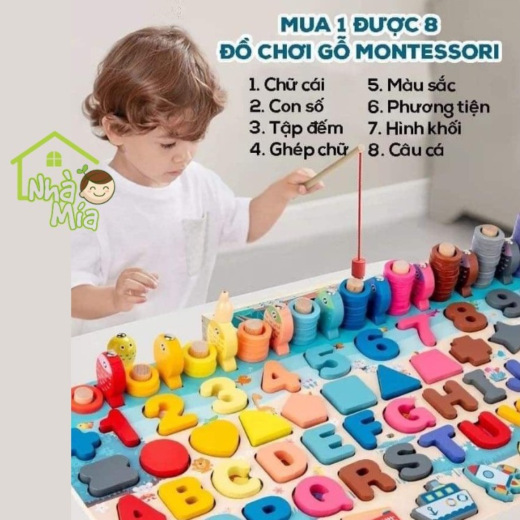 Bộ Bảng Gỗ Câu Cá Và Ghép Hình Học, Chữ Số, Chữ Cái, Phương Tiện 134 Chi Tiết Cho Bé