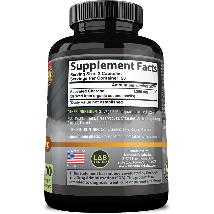 NaturaLife Labs Activated Charcoal 1200mg - Viên nang than hoạt tính hỗ trợ giải độc, hệ tiêu hóa và trắng da 100 viên