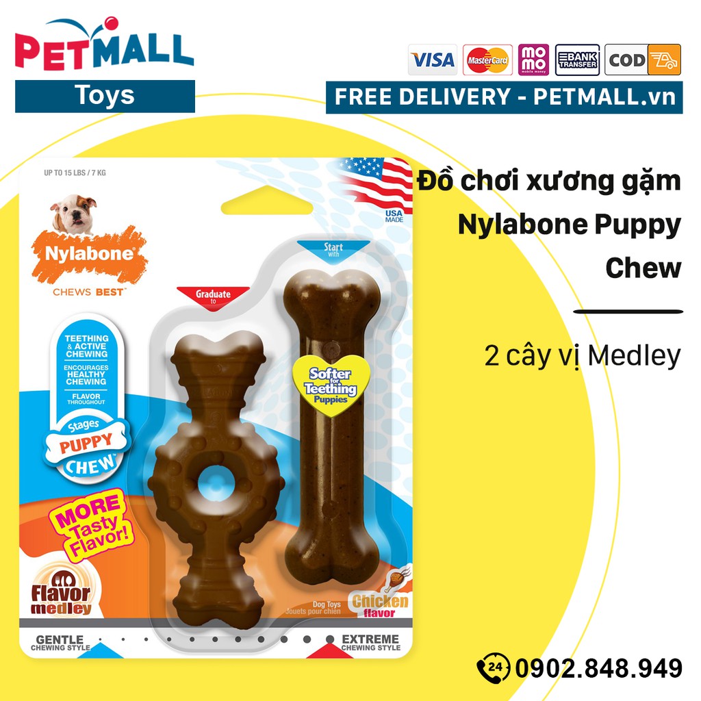 Đồ chơi xương gặm Nylabone Puppy Chew - 2 cây vị Medley Petmall