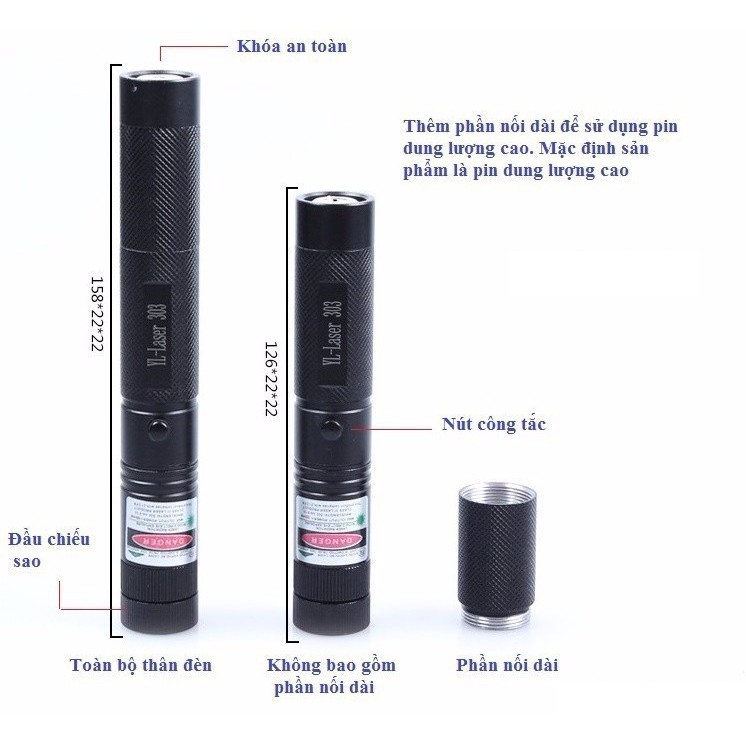 Đèn Pin Laser 303 Ánh Sáng Xanh Lá Chiếu Xa Cực Mạnh, Kèm Phụ Kiện Chiếu Sao Vạn Hoa Dùng Pin Sạc
