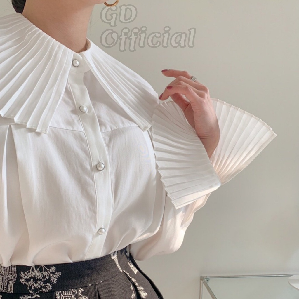 A77|Áo sơ mi polo cotton nữ trơn cổ tròn dài tay loe phồng xếp ly thanh lịch,sang trọng suông rộng màu trắng GD Official
