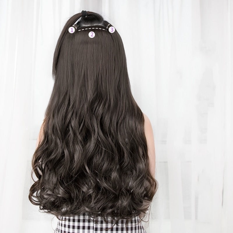 Tóc Giả Nối Dài 20 Inch Xoăn Gợn Sóng Màu Nâu Đen Bằng Sợi Tổng Hợp Cách Nhiệt Kèm Hai Kẹp