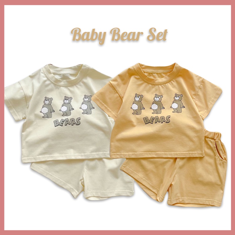 Set Đồ Mùa Hè 2 Món Gồm Áo Thun Tay Cộc In Hình Gấu + Quần Ngắn Cho Bé Sơ Sinh