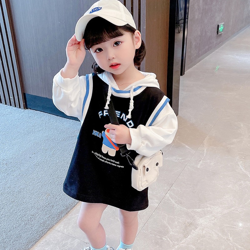Áo thun có mũ trùm đầu giả hai lớp thời trang cho bé gái