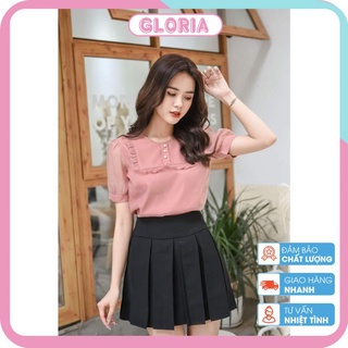 Áo Sơ Mi Ngắn Tay Thiết Kế Cổ Tròn Bèo Vuông Đính Cườm Phong Cách Trẻ Trung Nữ Tính Gloria House