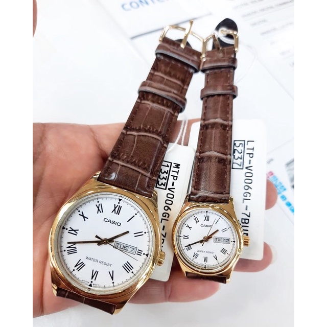 Đồng hồ Đôi nam nữ Casio MTP / LTP-V006GL, đồng hồ chính hãng, dây da nâu