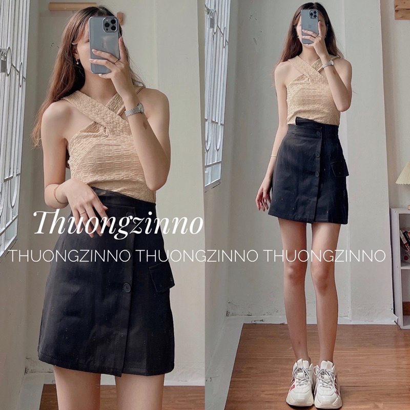 [Ảnh thật/Video]Áo xốp cổ chéo mát lim phong cách tiểu thư Áo yếm quàng cổ hở vai quyến rũ