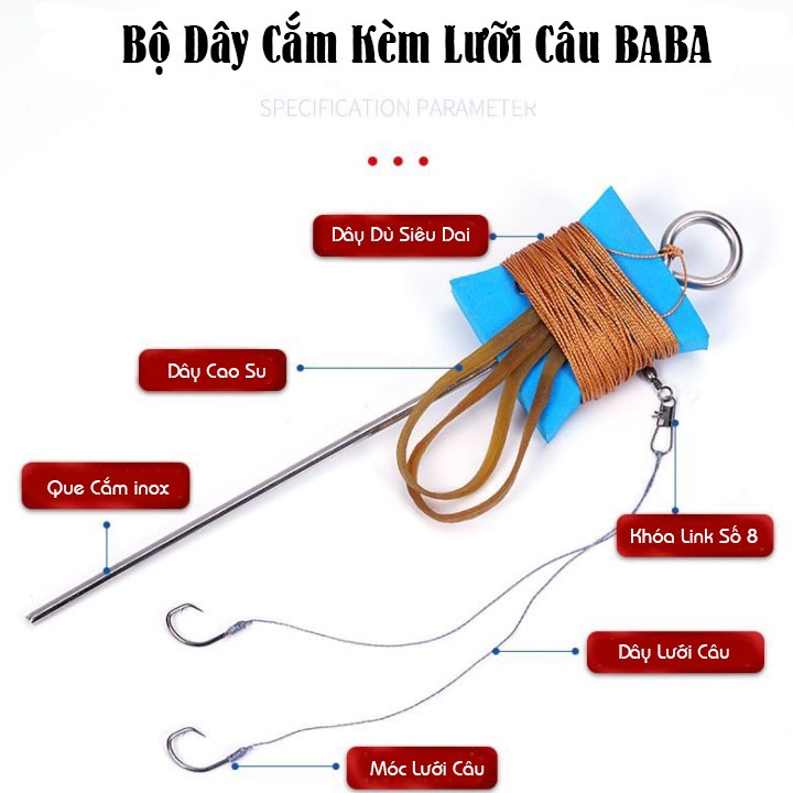 Cần câu cắm, Kèm Lưỡi Câu BaBa và các loại các đen cá da trơn lóc, sộp, trê, nheo, lươn chạch chấu, ngạnh.