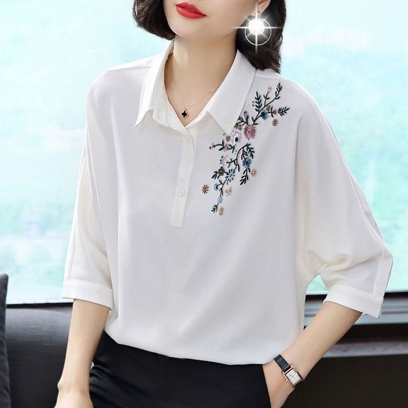 Áo Sơ Mi Trắng Thêu Hoa Dáng Rộng Phong Cách Hàn Quốc (M-4Xl)