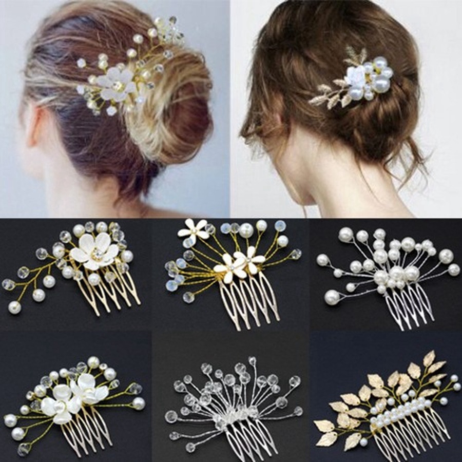 Lược Cài Tóc Hình Hoa Đính Ngọc Trai Nhân Tạo Thời Trang Cho Cô Dâu