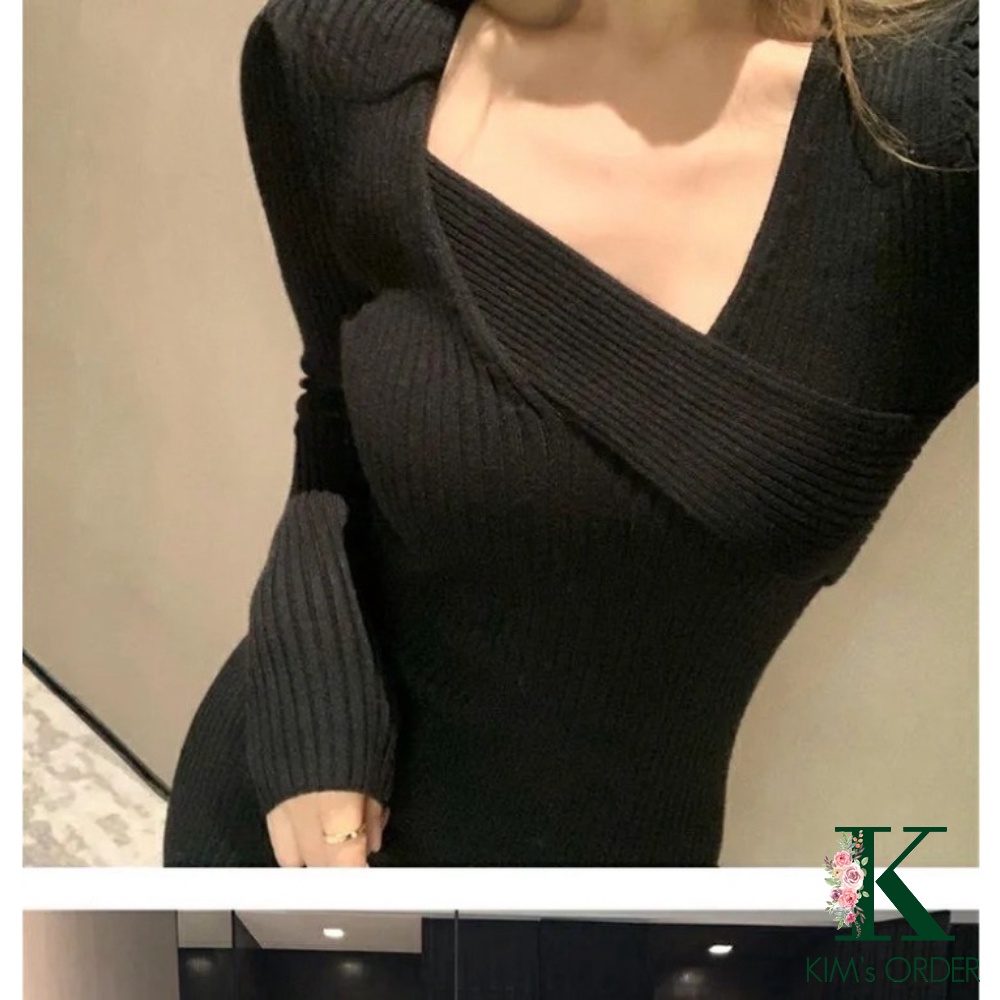 Váy len nữ ôm sát bút chì body cổ vạt kiểu chữ V màu be đen nâu dài tay dáng dài xẻ sau style sang chảnh Hàn Quốc