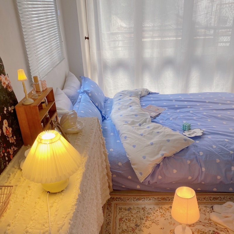 Bộ chăn ga gối Cotton Poly hoạ tiết tim phối màu xám vàng xanh hồng MÂY BEDDING đủ kích thước nệm