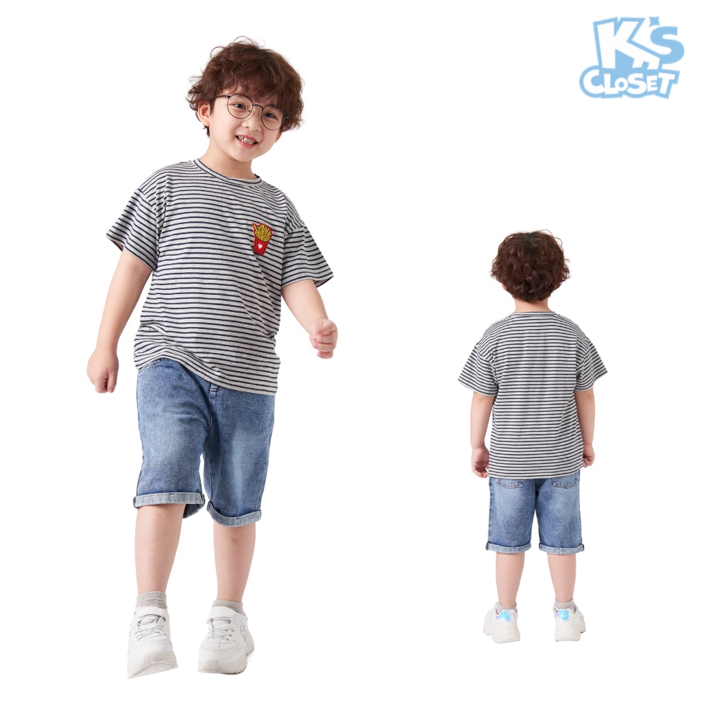 Áo phông cộc tay trẻ em K'S CLOSET sọc kẻ ngang, có hoạ tiết hình nổi trước ngực KT68TWS