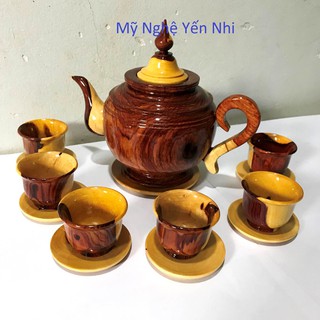 Bộ ấm chén trà gỗ Trắc cao cấp có dĩa (1 ấm+ 6 chén + dĩa)