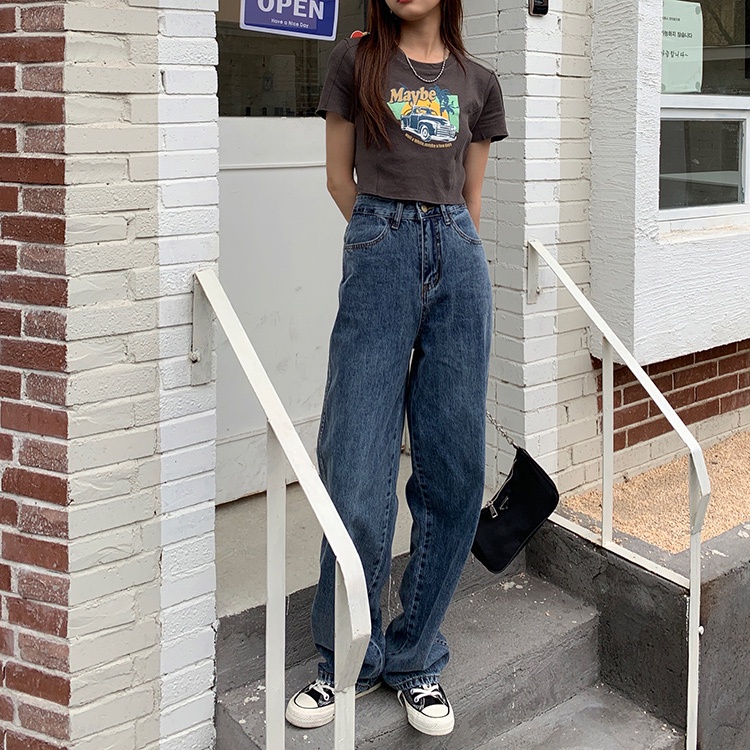 Quần jeans eo cao ống rộng thời trang Hàn Quốc trẻ trung cá tính