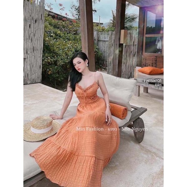 Đầm maxi xốp xòe tầng nhún chun eo ngực phối viền bèo hàng QC!