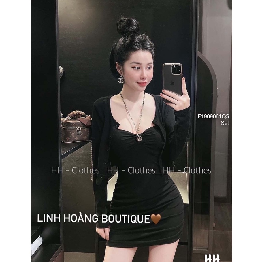 Set áo khoác tay dài+ đầm body cúp ngực dây xích choàng cổ yếm siêu thời trang!