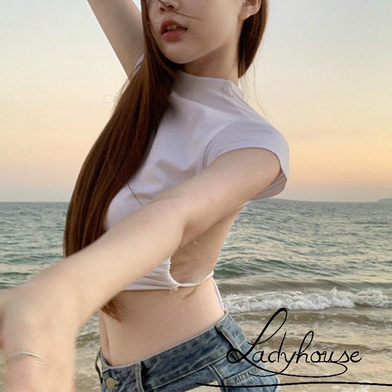 Áo Thun Crop Top Tay Ngắn Cổ Rùa Hở Lưng Màu Sắc Trơn Dành Cho Nữ