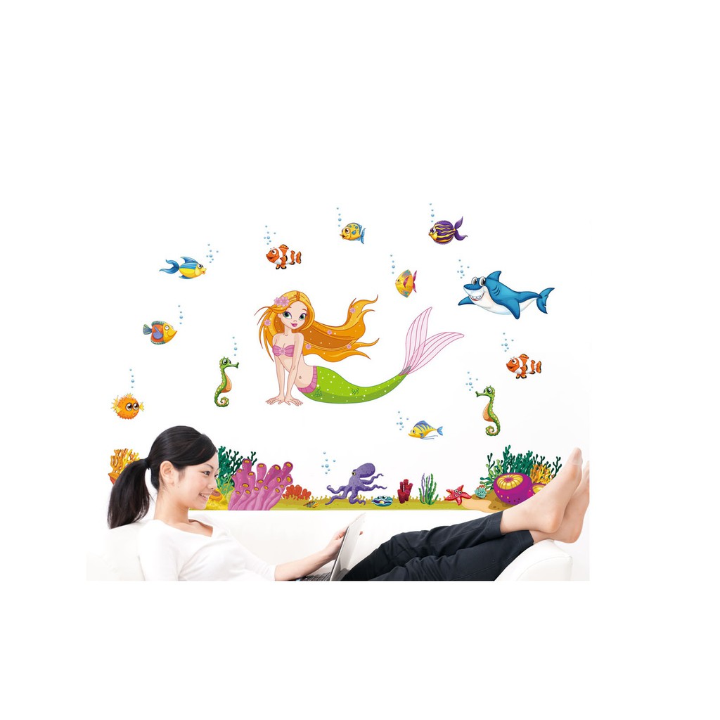 Decal dán tường, hình dán tường trang trí mẫu nàng tiên cá và những sinh vật biển đáng yêu