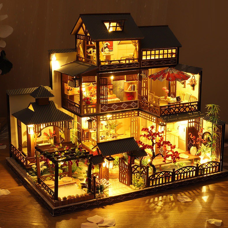 Mô hình nhà DIY Doll House Japanese Three - Layer Villa Kèm Mica Chống bụi, Bộ dụng cụ, Keo dán và Bộ phát nhạc