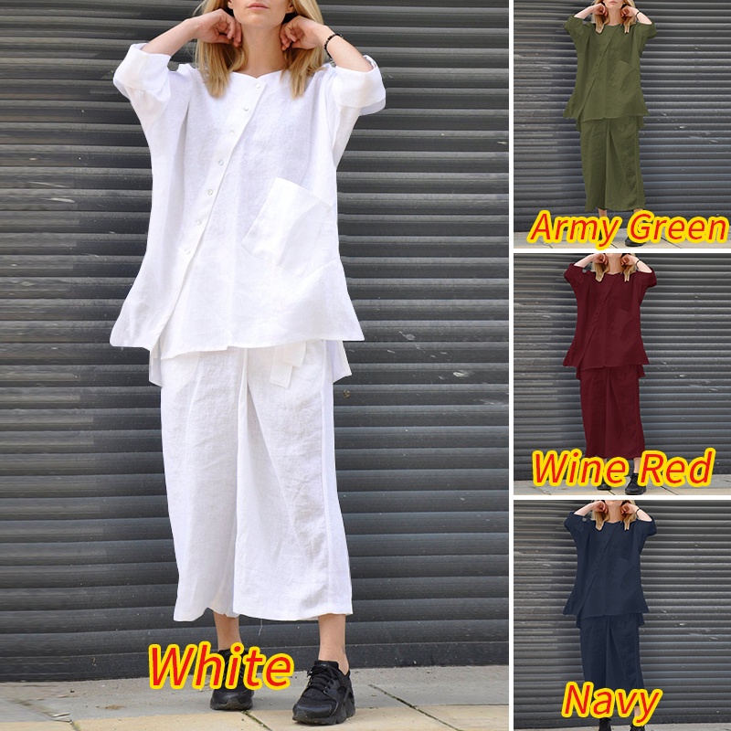 Set đồ ZANZEA 2 món gồm áo tay 3/4 cổ tròn + quần dài màu trơn vintage cho nữ