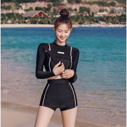 Set bơi dài tay nữ gồm áo có kèm mút tiện lợi và quần bơi vải active dày dặn co giãn