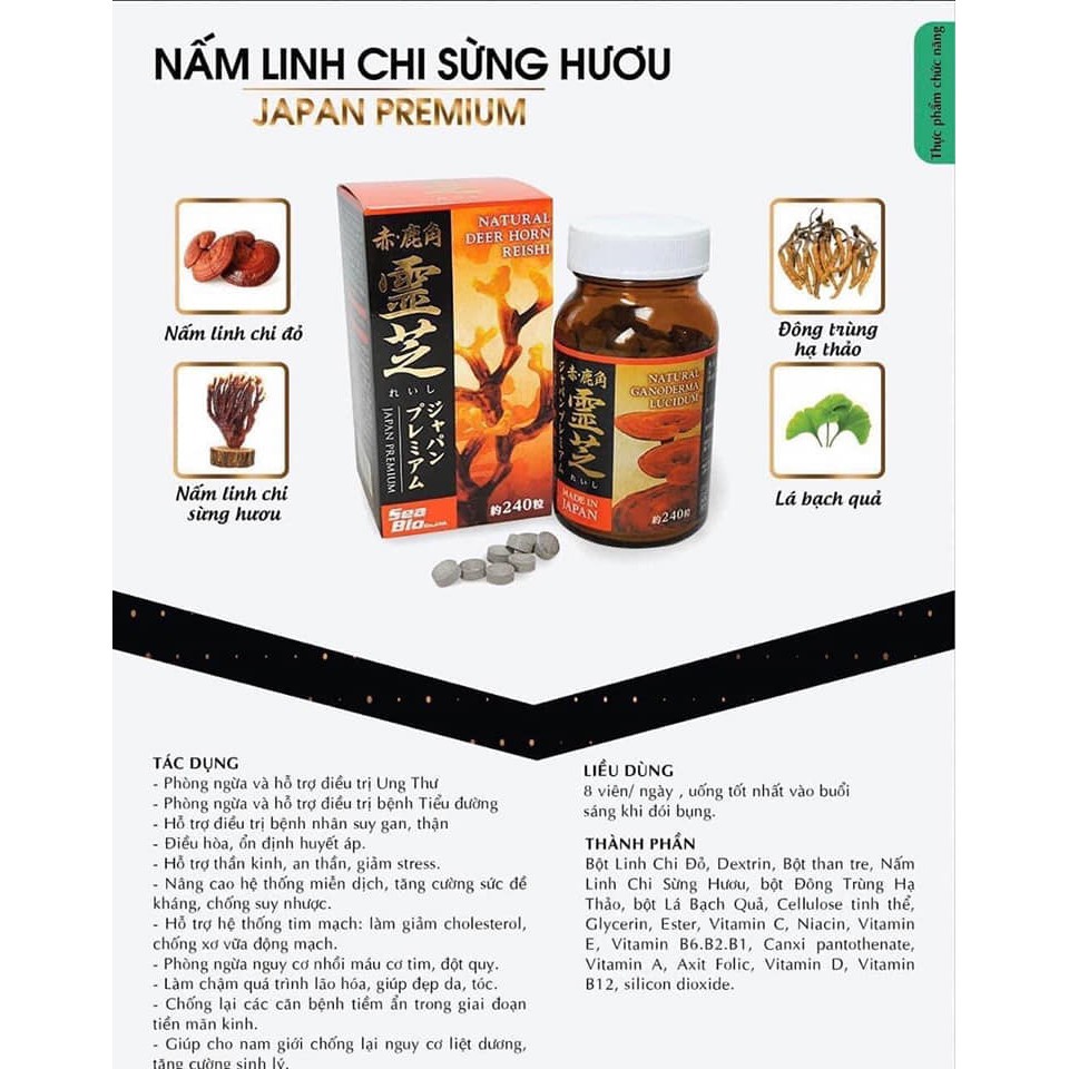 VIÊN UỐNG NẤM LINH CHI SỪNG HƯƠU REISHI  - HÀNG NỘI ĐỊA NHẬT giúp bồi bổ và tăng cường sức khỏe cho cơ thể