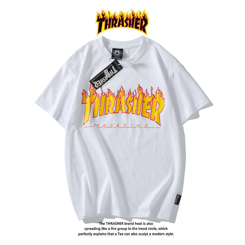 Áo thun cotton tay ngắn dáng rộng in họa tiết chữ Thrasher phong cách thể thao thời trang cho cặp đôi