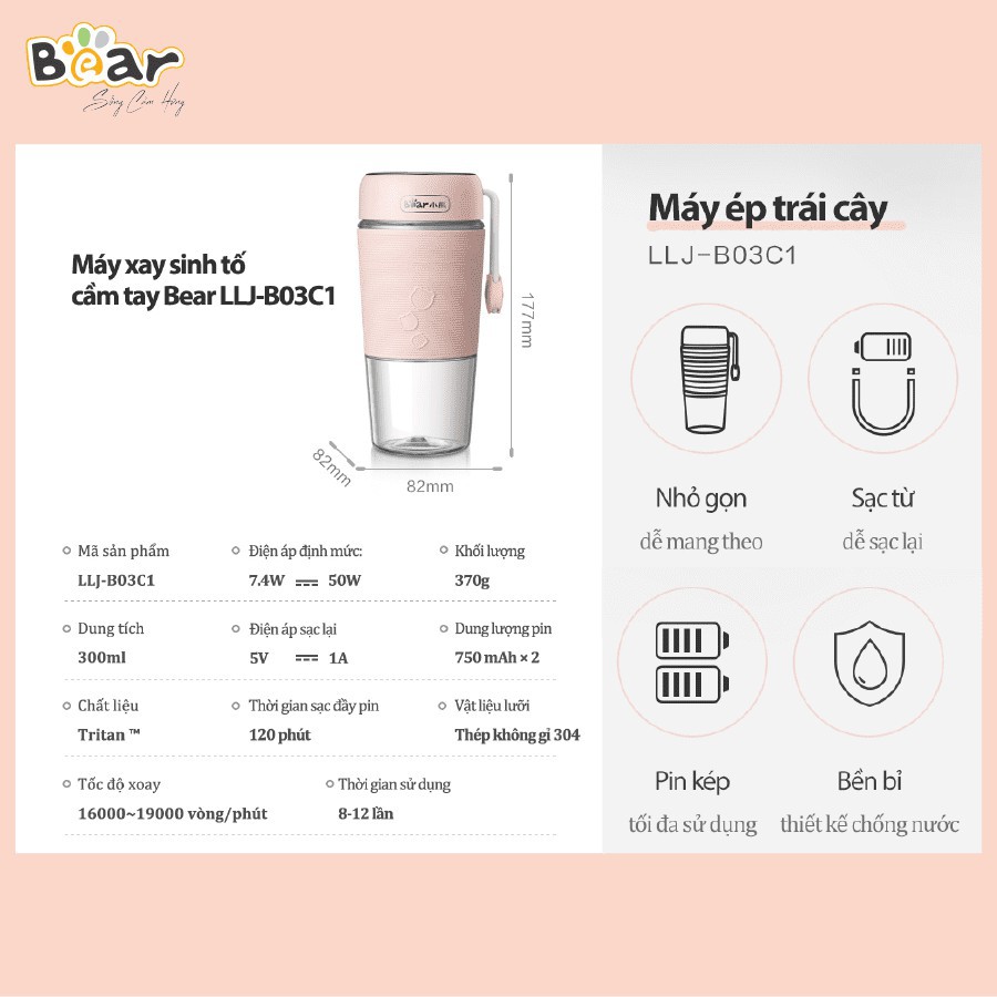 Máy Xay Sinh Tố Bear, Máy Xay Hoa Quả,Cầm Tay Đa Năng -Sạc Pin, Dung Tích 400ML, Bảo Hành 18 Tháng LLJ-B03C1