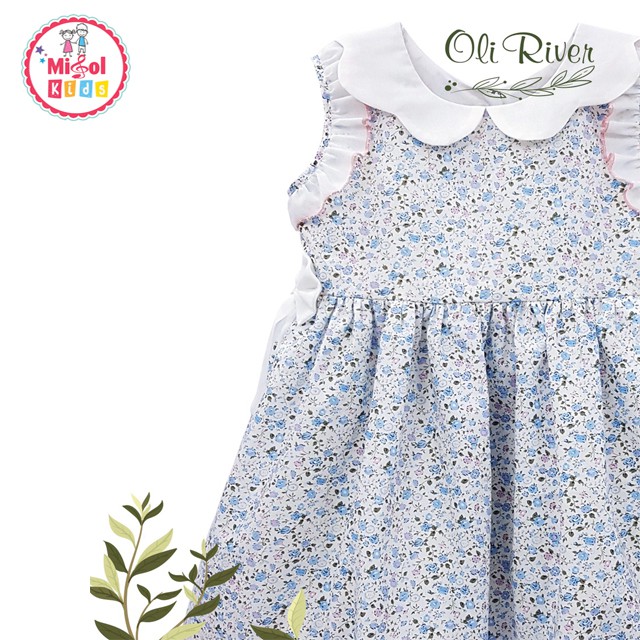 Đầm bé gái váy cho bé gái Oliriver xanh hoa nhí 2-6 tuổi cổ sen trắng nơ eo chính hãng cực xinh - Misolkids by huong274