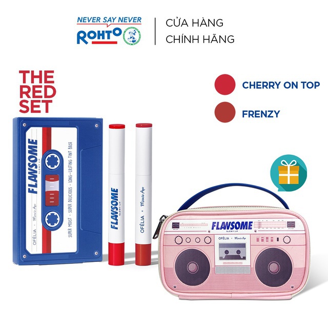 Set son Ofélia x Miracle Apo Flawsome Glow Lip The Red Set (2 x 2g) + TẶNG Túi Trang điểm Flawsome's Retro Cassette