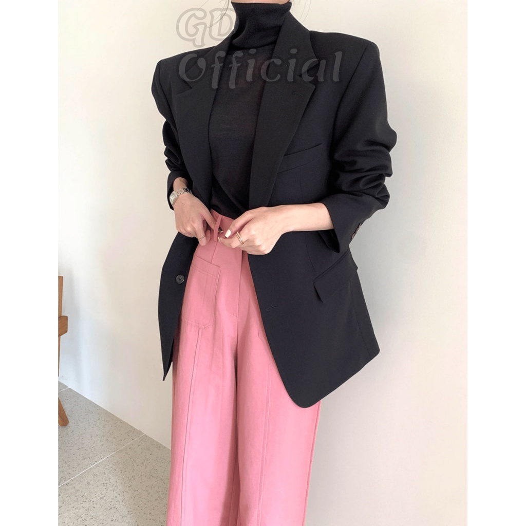 K103|Áo khoác blazer nữ cổ điển dài tay dáng rộng cá tính màu đen, nâu GD Official