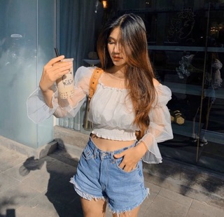 Áo Kiểu Bẹt Vai Tay Lưới