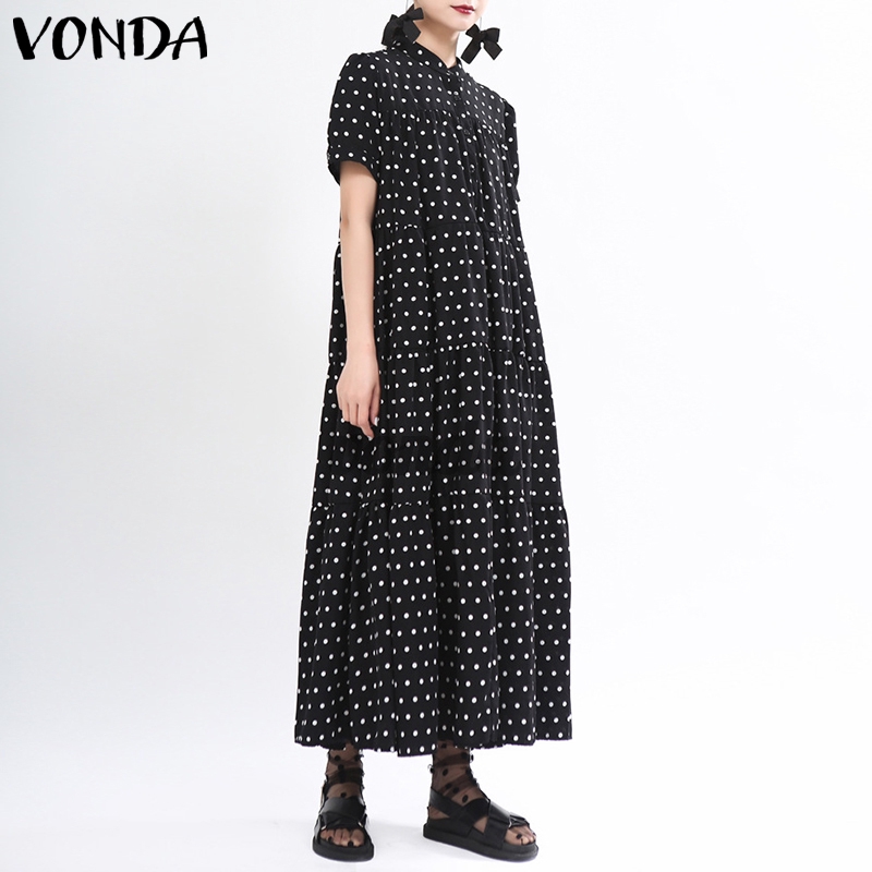 VONDA Women Short Sleeve Polka Dot Stand Collar Button Down Long Dress | BigBuy360 - bigbuy360.vn