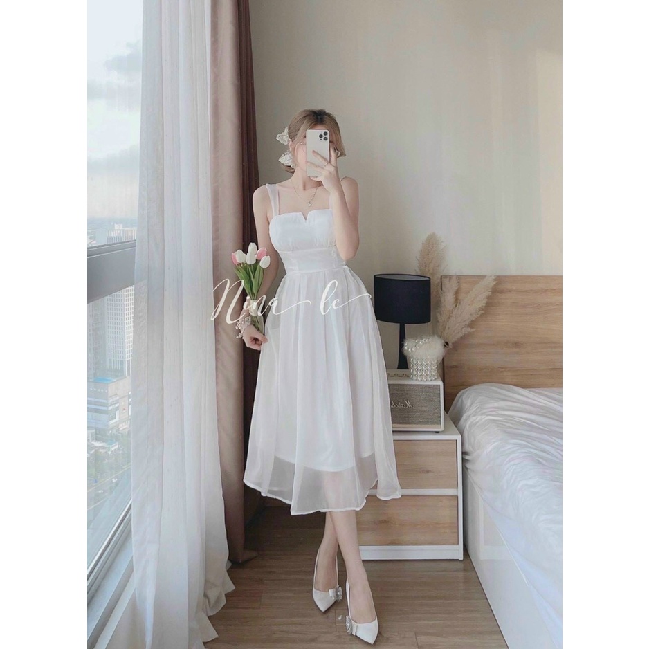Váy đầm voan  trắng 2 dây công chúa có mút ngực phù hợp đi tiệc ,đi chơi cùng người yêu...
