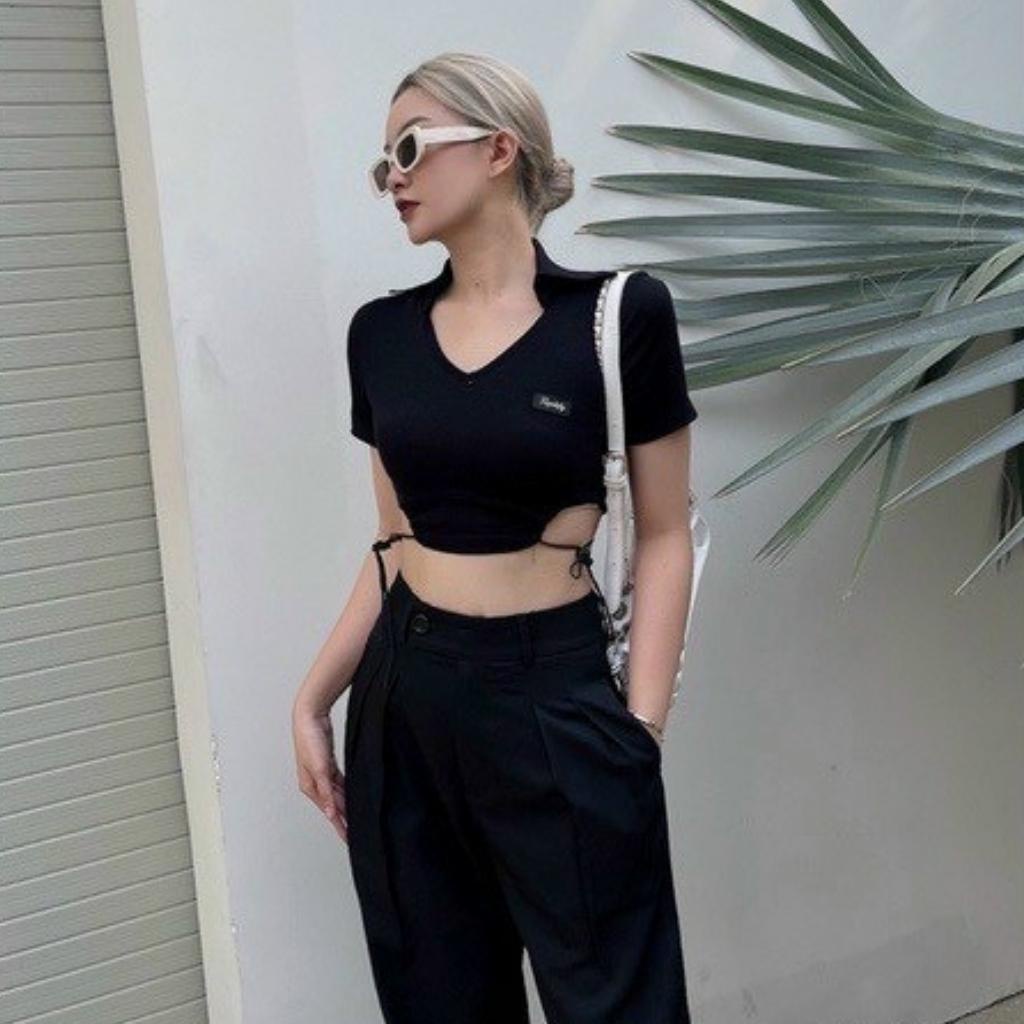 Áo croptop ngắn tay dây eo Xquin, Áo polo phối dây eo chất cotton cực quyến rũ