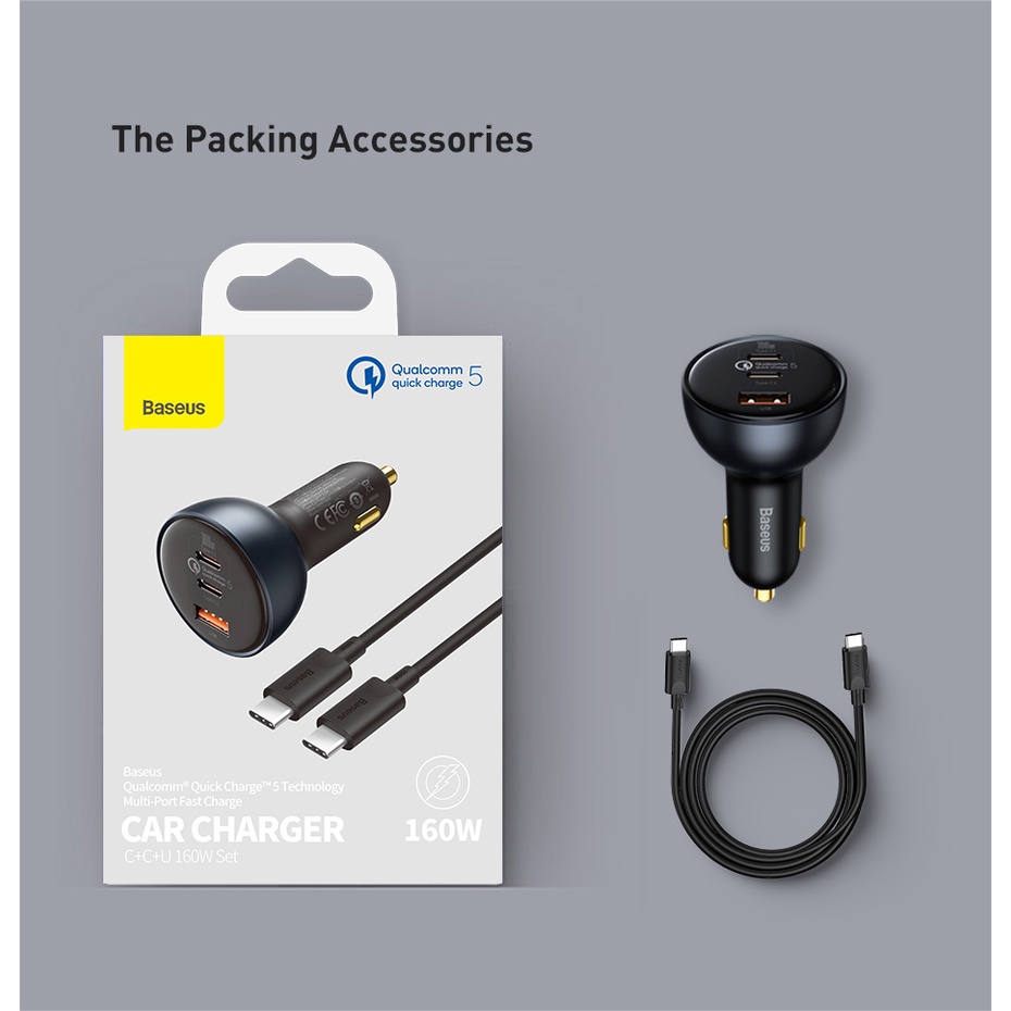 Tẩu sạc nhanh 160W Baseus QC 5.0 gắn xe hơi tiện dụng cho IP13 12 Pro Laptop/máy tính bàn
