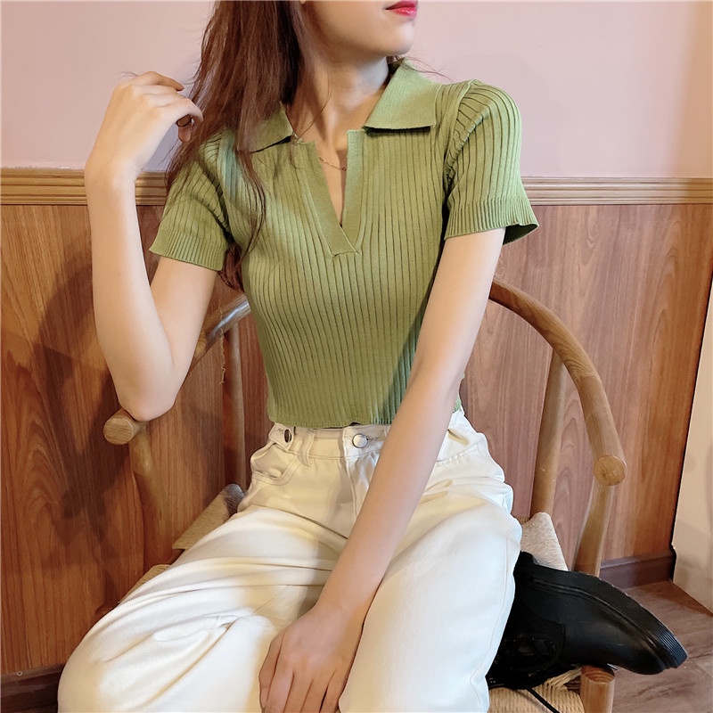 Áo thun dệt kim SUXI đơn giản phong cách cổ điển cho nữ