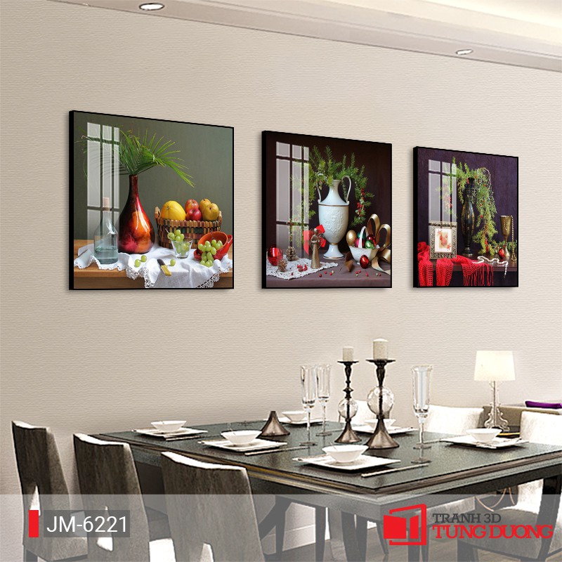 Tranh treo tường 3D phòng ăn hiện đại phong cách hiện đại bình hoa 3D an nhiên - Tranh tráng gương bộ 3 bức |JM6221
